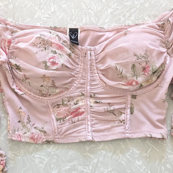 Floral Long Sleeve Corset Top, Off Shoulder Ruched Bustier, Pink Size Medium - Picture 3 of 9